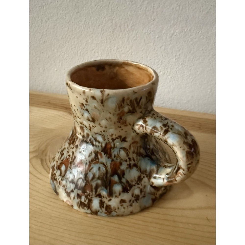 VTG Signed No Spill Coffee Mug Brown Ice Blue Glazed Wide Flat Bottom Narrow Top
